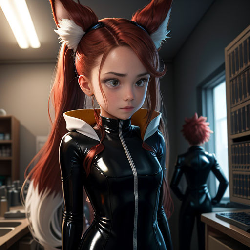 a woman in a cat suit standing in a room with a computer desk and a man in the background
