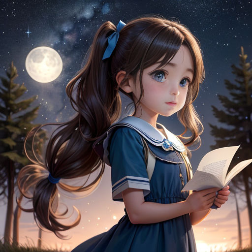 a little girl is reading a book in the moonlight with a full moon in the background and stars in the sky
