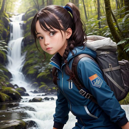 a girl with a backpack standing in front of a waterfall in the woods with a waterfall in the background