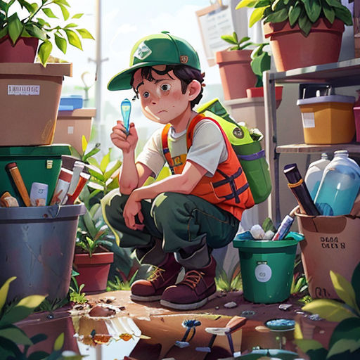 a boy kneeling down in a room filled with plants and plants, holding a cell phone in his hand
