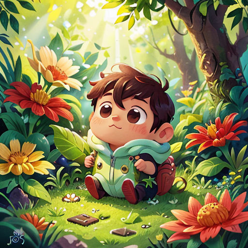 a boy sitting in the middle of a forest with flowers around him and a book in his hand,