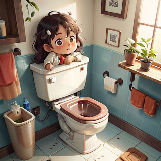 a cartoon girl sitting on a toilet in a bathroom with a blue wall and a window above it, with a plant in the corner