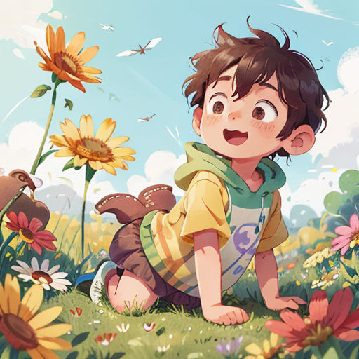 a boy kneeling in a field of flowers with a teddy bear in his lap and a bird flying above him