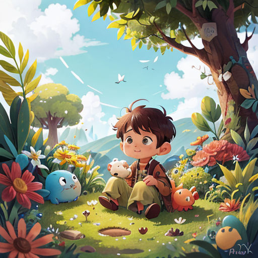 a boy sitting on the ground in a field of flowers and plants with a bird flying overhead in the sky