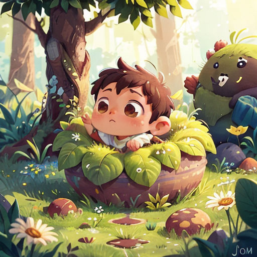 a boy is sitting in a plant pot in the forest with two bears behind him and a bear behind him