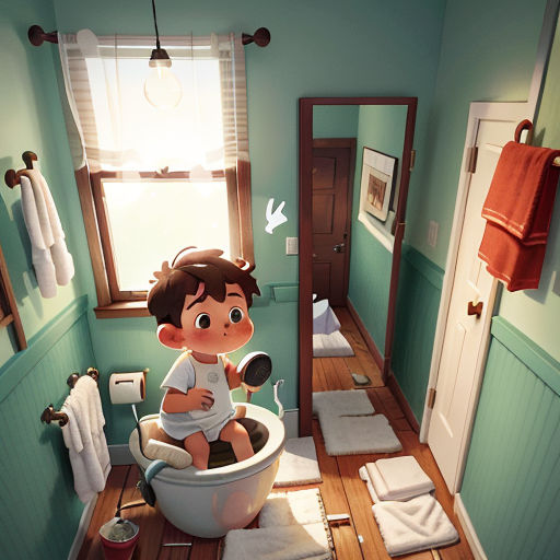 a cartoon boy sitting on a toilet in a bathroom with a window and a rug on the floor and a towel on the wall