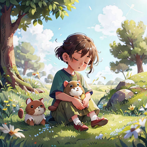 a girl sitting on the ground holding a teddy bear and two other stuffed animals in a field of grass
