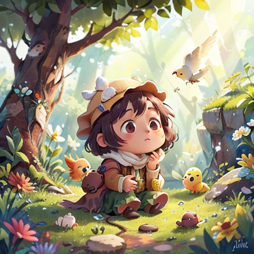 a little girl sitting on the ground in a forest with birds flying around her and a bird flying above her