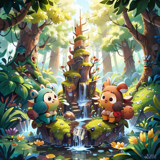 a cartoon scene with a waterfall and some animals in the woods, and a forest with lots of trees