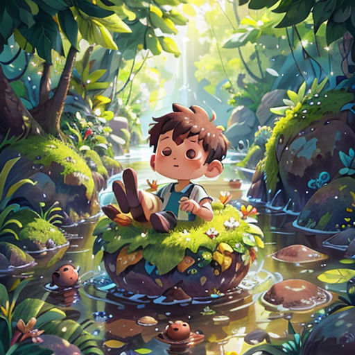 a boy sitting on a rock in a forest with a stream and plants around him, looking at the ground