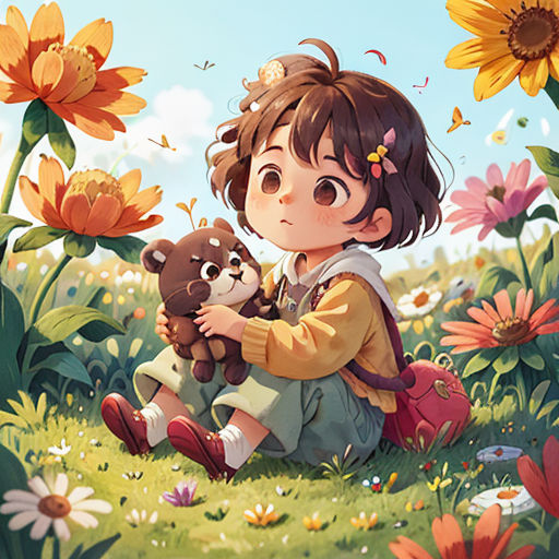 a girl sitting in a field with a teddy bear and a flower in her hand, with a sky background