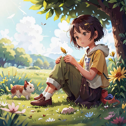 a girl sitting in the grass next to a cat and a tree with a bird on it's head