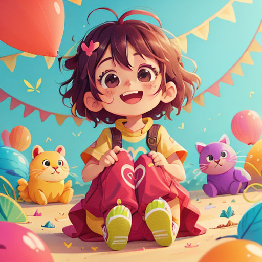 a girl sitting on the ground surrounded by balloons and cats, with a blue sky background and a banner with balloons and bunting