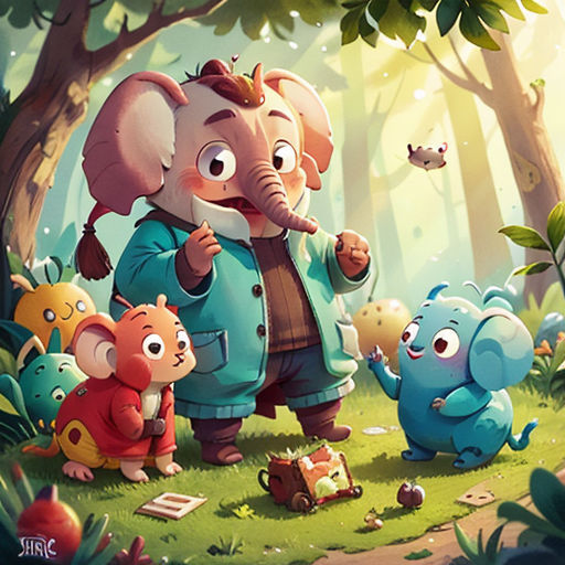 an elephant and some small animals in a forest with trees and grass and a bird flying overhead, and a man in a blue jacket