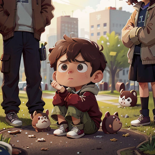 a group of people standing around a little boy sitting on a ground next to a cat and a dog