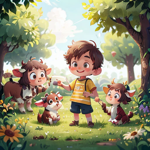 a boy standing in the middle of a forest with animals around him and a dog nearby on the grass