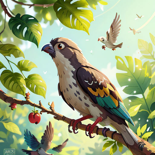 a bird perched on a branch with many birds flying around it and a tree branch with leaves and berries