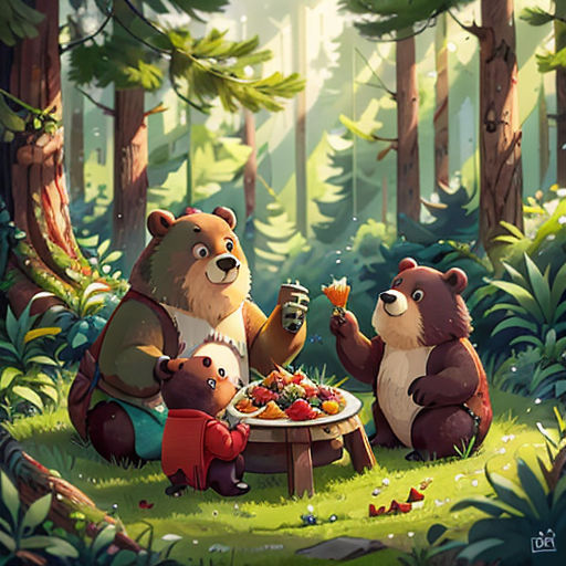 a bear family eating in the forest with a picnic table full of food and drinks on a sunny day