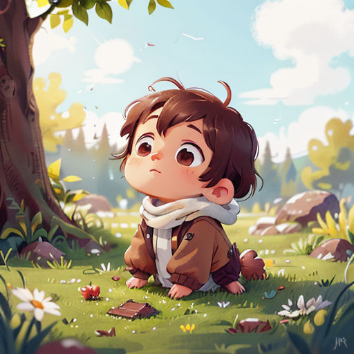 a boy sitting in the grass next to a tree with a scarf around his neck and a scarf around his neck