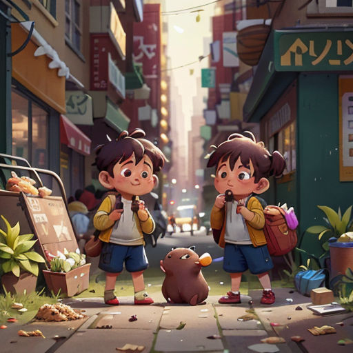 two children are standing in the middle of a street with a bird on the ground and a bird on the ground