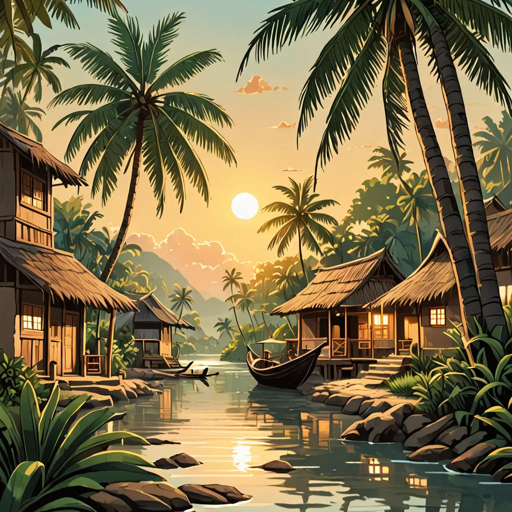 a painting of a tropical island with palm trees and a boat in the water at sunset or sunrise time, Chris LaBrooy, highly detailed digital painting, a detailed matte painting, fantasy art