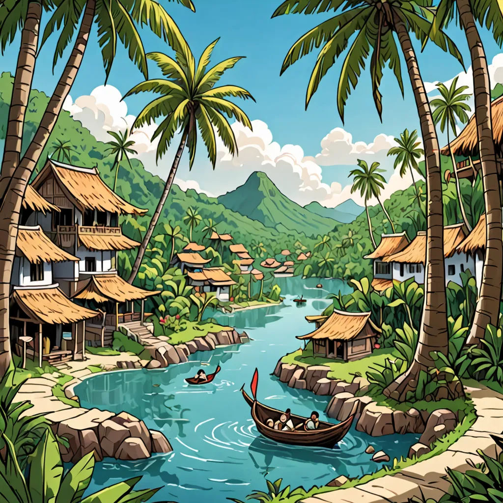 a painting of a tropical island with a boat in the water and palm trees surrounding it and a man in a canoe, Dan Mumford, 2 d game art, a detailed matte painting, fantasy art