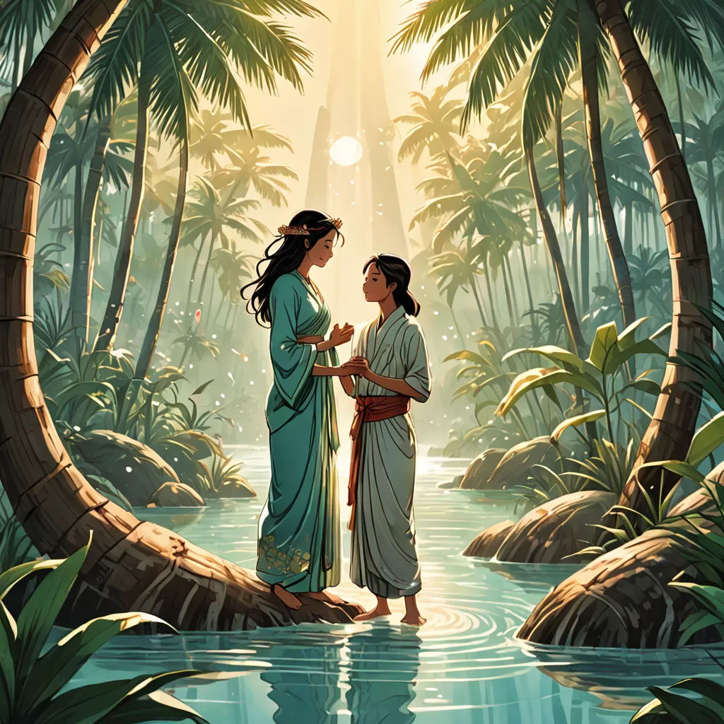 a painting of two women standing in a river surrounded by palm trees and a sun shining down on them, Asaf Hanuka, storybook illustration, a storybook illustration, fantasy art