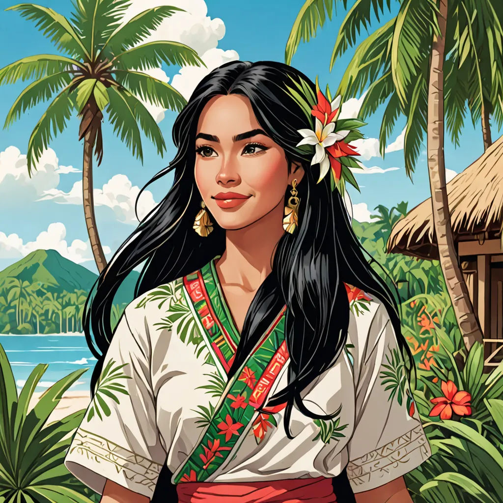 a woman in a hawaiian dress standing in front of a tropical landscape with palm trees and a hut on the shore, Colin Middleton, high detail illustration, a character portrait, lyco art