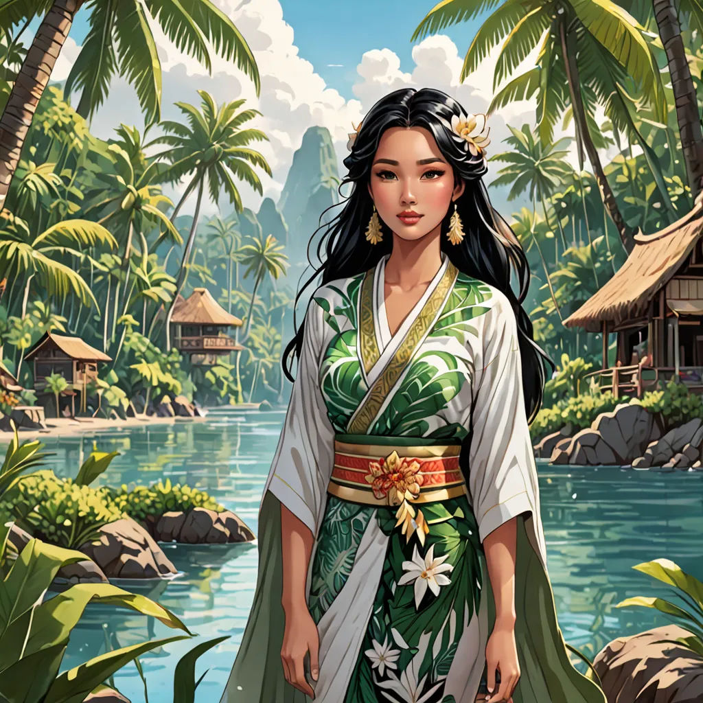 a woman in a green and white dress standing in front of a river and palm trees with a hut in the background, Chen Hong, rossdraws global illumination, a character portrait, fantasy art
