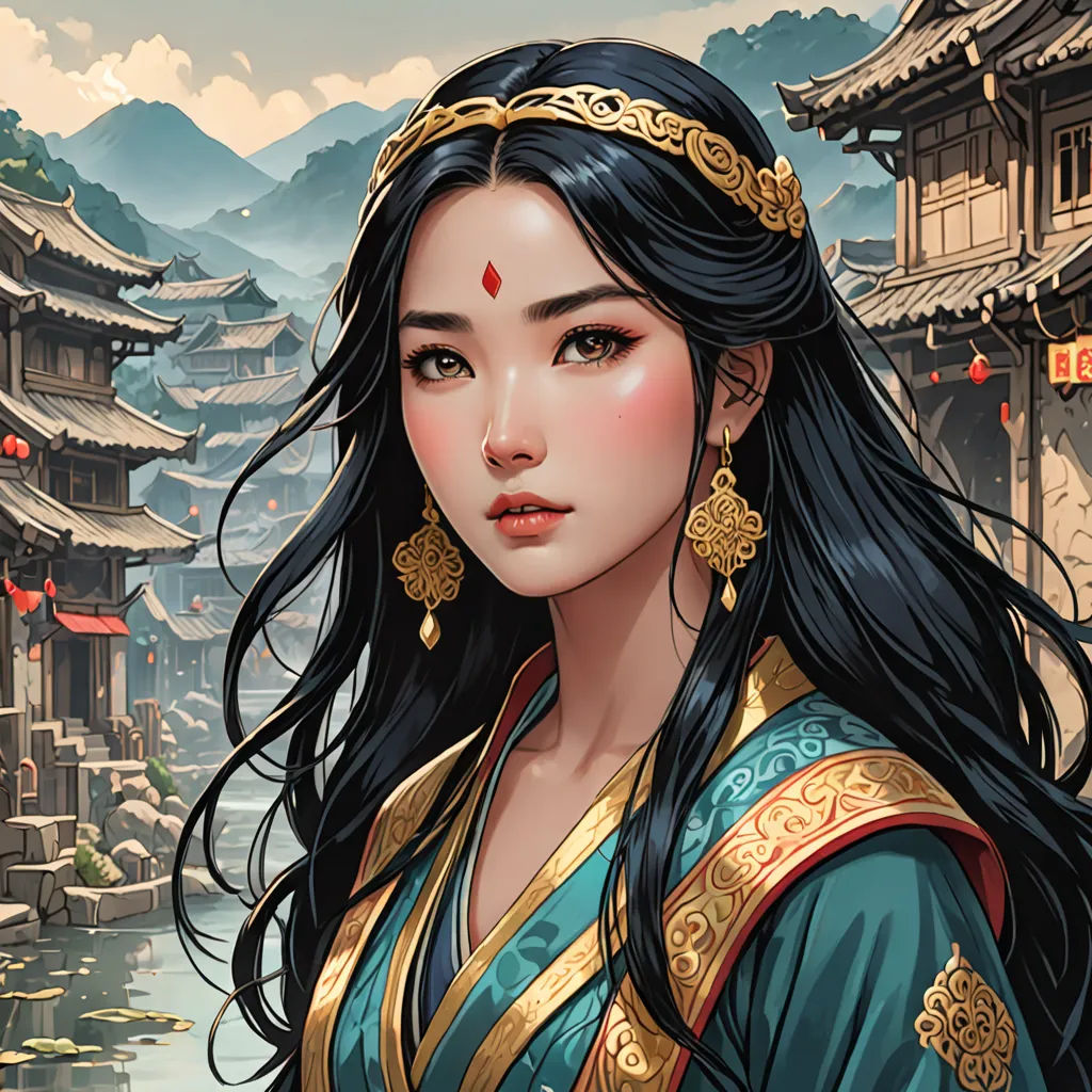 a woman in a chinese dress with long hair and a crown on her head, standing in front of a mountain, Chen Hong, high detail illustration, a detailed painting, fantasy art