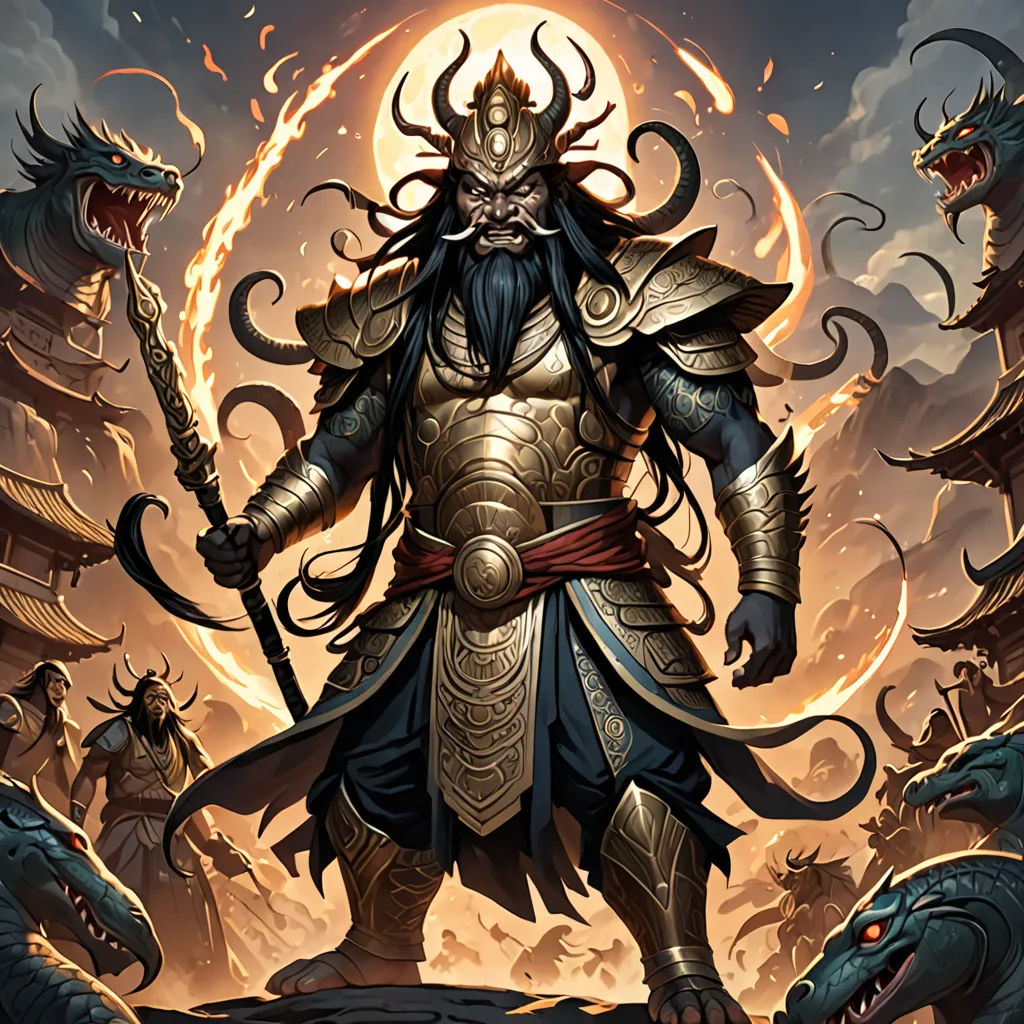a man in armor standing in front of a dragon and demon like creature with a sword in his hand, Dai Jin, magic the gathering artwork, a detailed painting, fantasy art