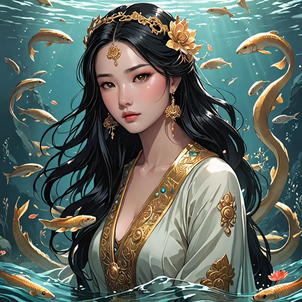 a woman in a white dress standing in water with gold jewelry on her head and gold fish around her neck, Chen Hong, fantasy artwork, a character portrait, fantasy art