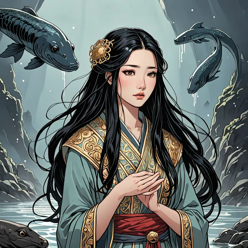 a woman in a chinese costume standing in front of a fish pond with a fish in her hand and a fish in her hand, Chen Hong, fantasy artwork, a character portrait, fantasy art