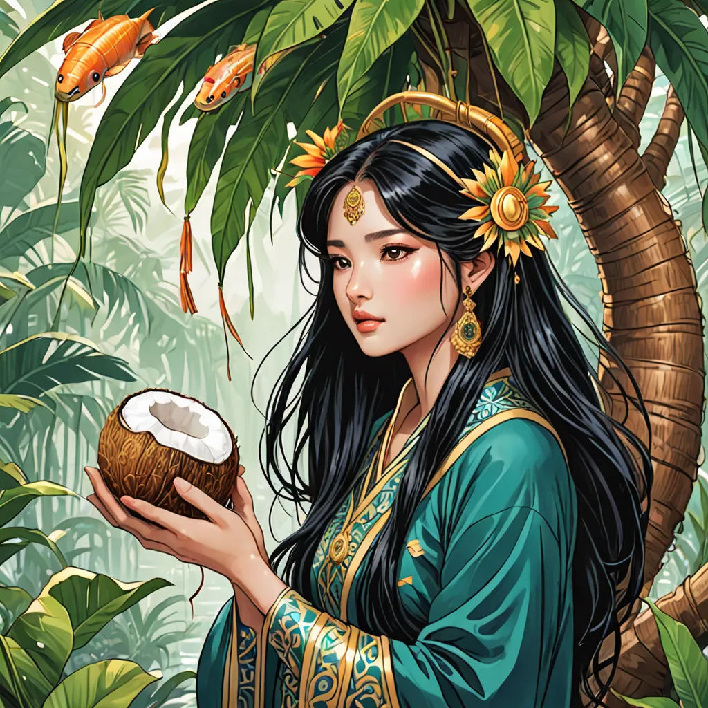 a woman holding a coconut in a jungle with fish in the background and a tree in the foreground, Chen Chun, yukito kishiro, a storybook illustration, fantasy art
