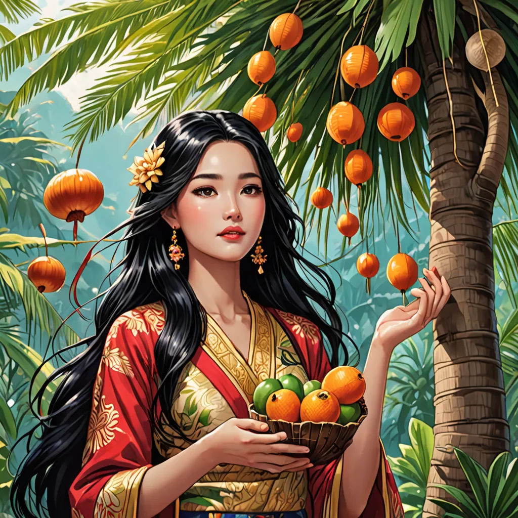 a woman holding a basket of fruit in a forest with oranges hanging from a tree in the background, Chen Chun, high detail illustration, a detailed painting, fantasy art