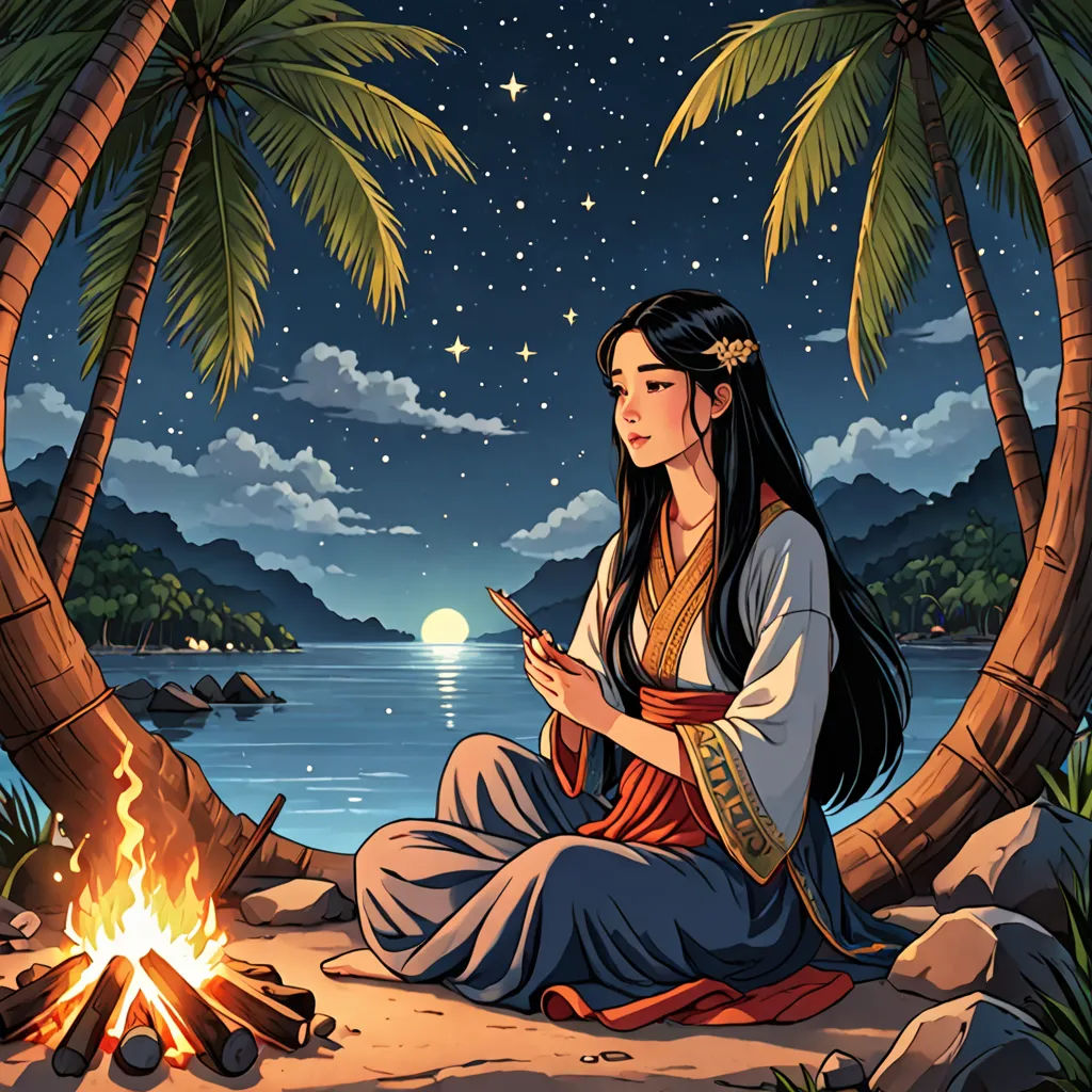 a woman sitting in front of a campfire under a night sky with stars and moon above her, with a full moon behind her, Chen Chun, storybook illustration, a storybook illustration, fantasy art