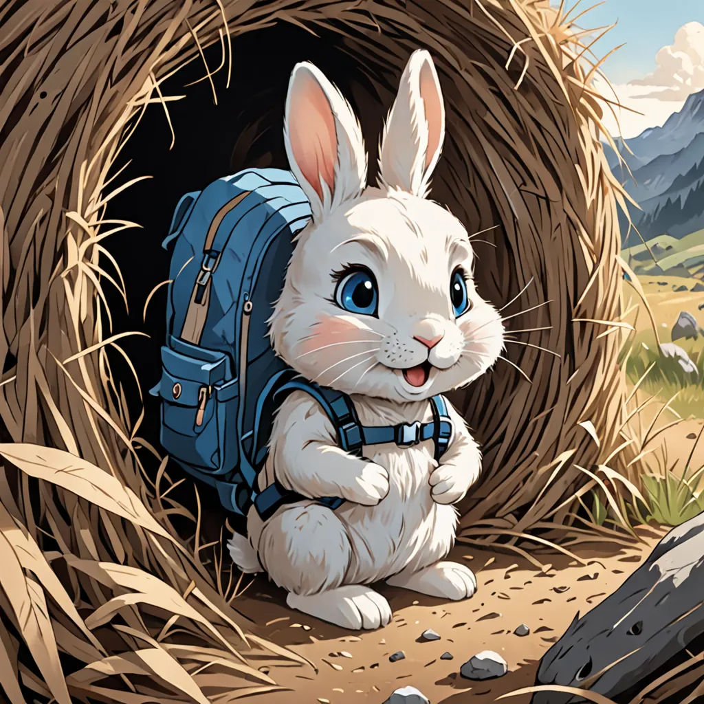 a white rabbit with a backpack sitting in a nest of hay and looking at the camera with a mountain background, altermodern, a storybook illustration, Chris LaBrooy, josan gonzales and dan mumford