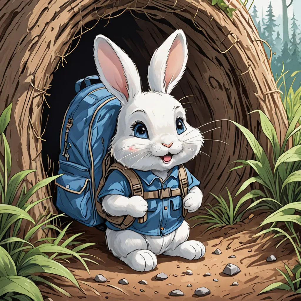 a white rabbit with a backpack in a forest near a hollow of wood and grass illustration by alex krawc, furry art, a storybook illustration, Beatrix Potter, high detail illustration
