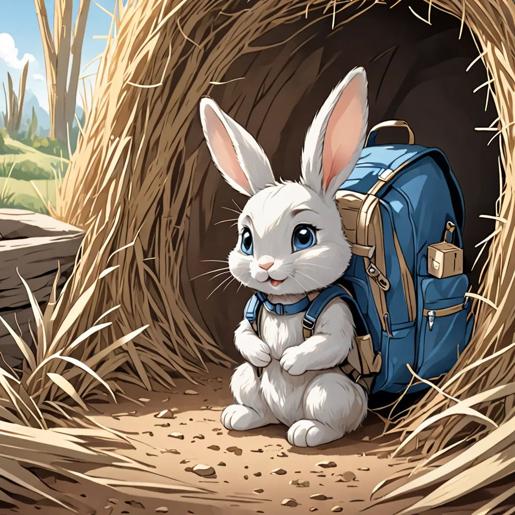a rabbit with a backpack sitting in a hay filled area with a straw bale behind it and a blue backpack on its back, furry art, a storybook illustration, Chris LaBrooy, rossdraws global illumination
