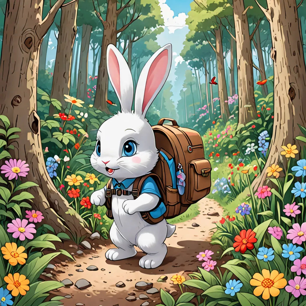 a cartoon bunny with a backpack in the woods with flowers and butterflies around it, looking at the camera, fantasy art, a storybook illustration, Beatrix Potter, official art