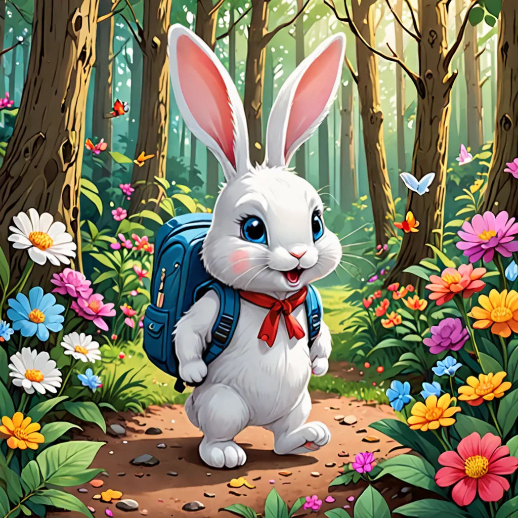 a white rabbit with a backpack in a forest with flowers and butterflies around it, with a butterfly flying above it, naive art, a character portrait, Anne Stokes, rossdraws global illumination