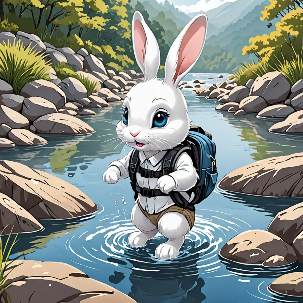 a white rabbit with a backpack is wading in a river with rocks and grass on both sides of it, furry art, a storybook illustration, Beatrix Potter, storybook illustration