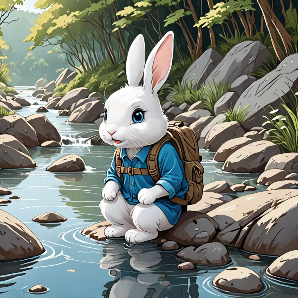 a white rabbit sitting on a rock in a river with a backpack on it's back and a backpack on its chest, fantasy art, a storybook illustration, Aaron Jasinski, rossdraws global illumination