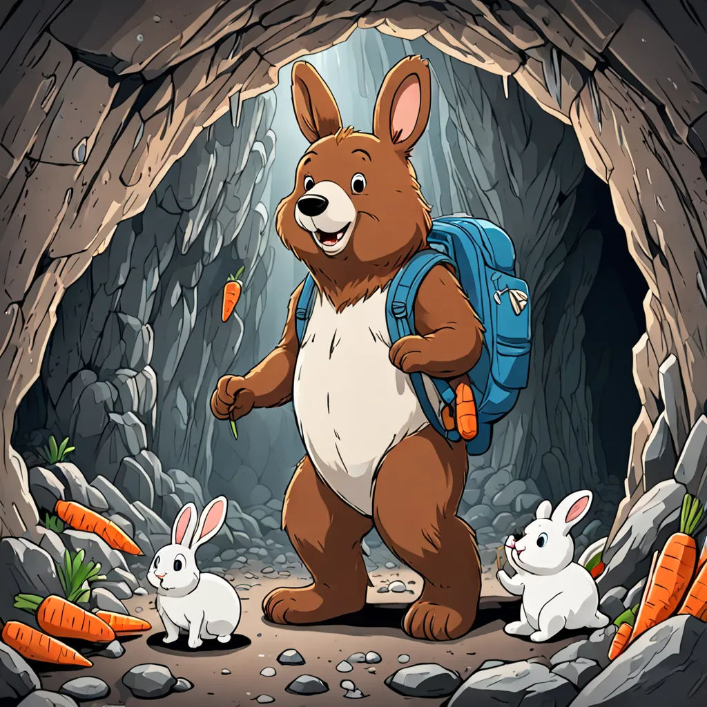 a cartoon bear with a backpack and some rabbits in a cave with carrots and a carrot peel in his hand, furry art, a character portrait, Chris LaBrooy, game art