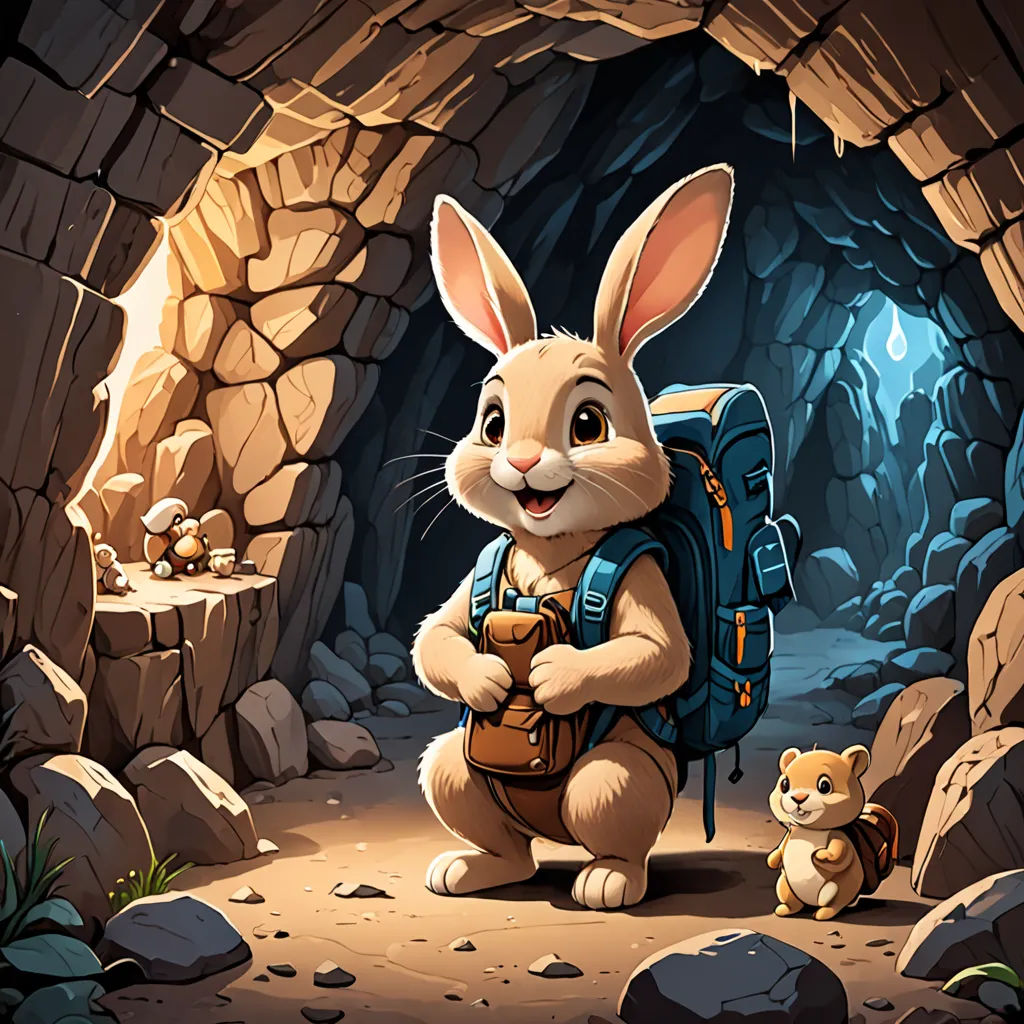 a rabbit with a backpack and a small squirrel in a cave with rocks and a light at the end, furry art, a cave painting, Dan Mumford, rossdraws global illumination