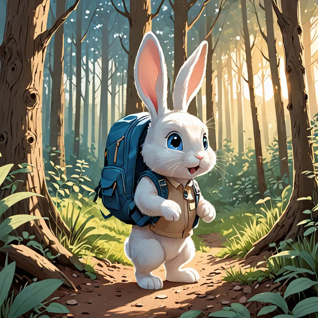 a cartoon bunny with a backpack in the woods with trees and grass behind it, with sunlight coming through the trees, altermodern, a storybook illustration, Aaron Jasinski, rossdraws global illumination