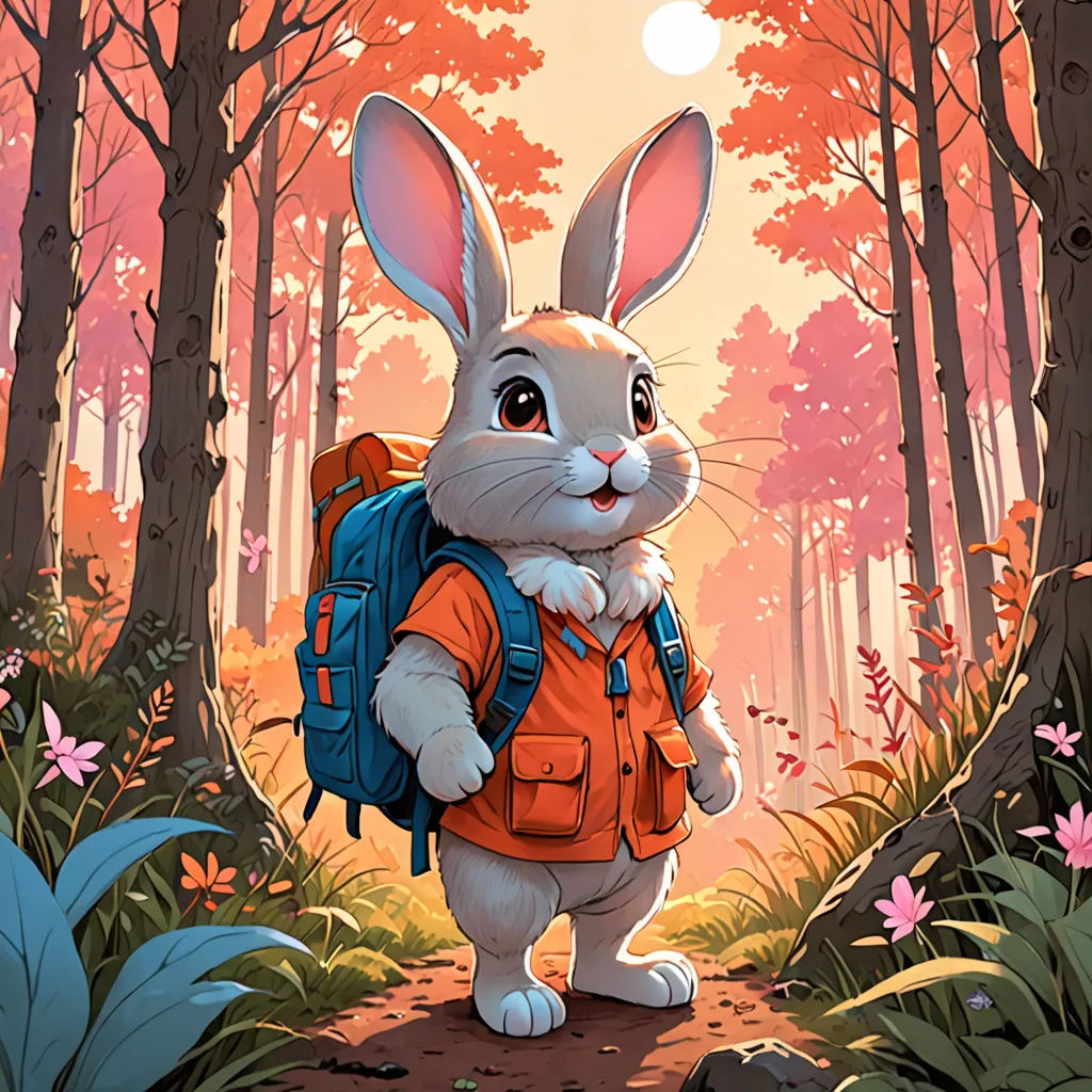 a cartoon bunny with a backpack in the woods with flowers and trees in the background, with the sun shining through the trees, furry art, a character portrait, Chris LaBrooy, rossdraws global illumination