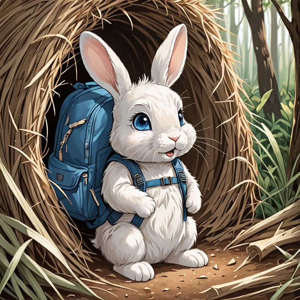 a white rabbit with a blue backpack in a nest of hay and grass with trees in the background and a forest, fantasy art, a storybook illustration, Beatrix Potter, rossdraws global illumination