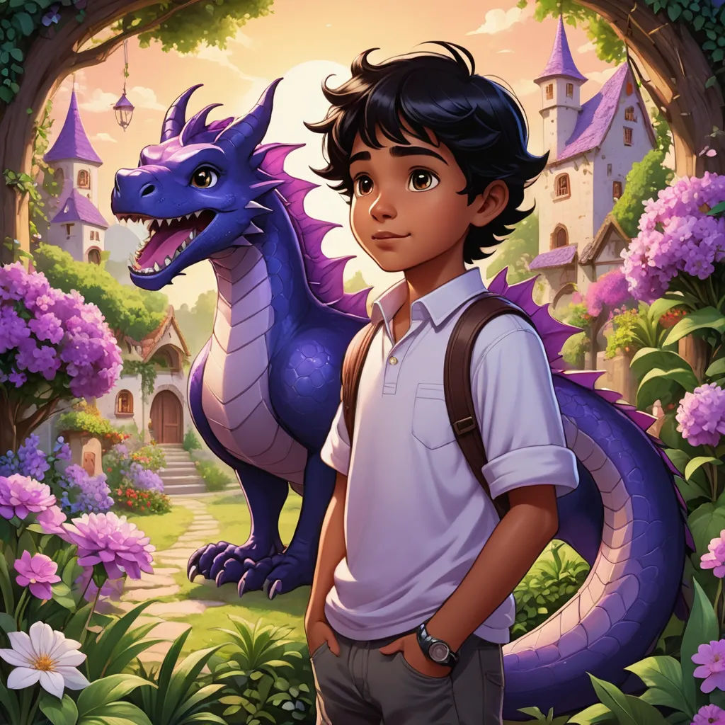 a boy standing in front of a dragon in a garden with flowers and a castle in the background with a purple dragon, sots art, a storybook illustration, Eddie Mendoza, rossdraws global illumination
