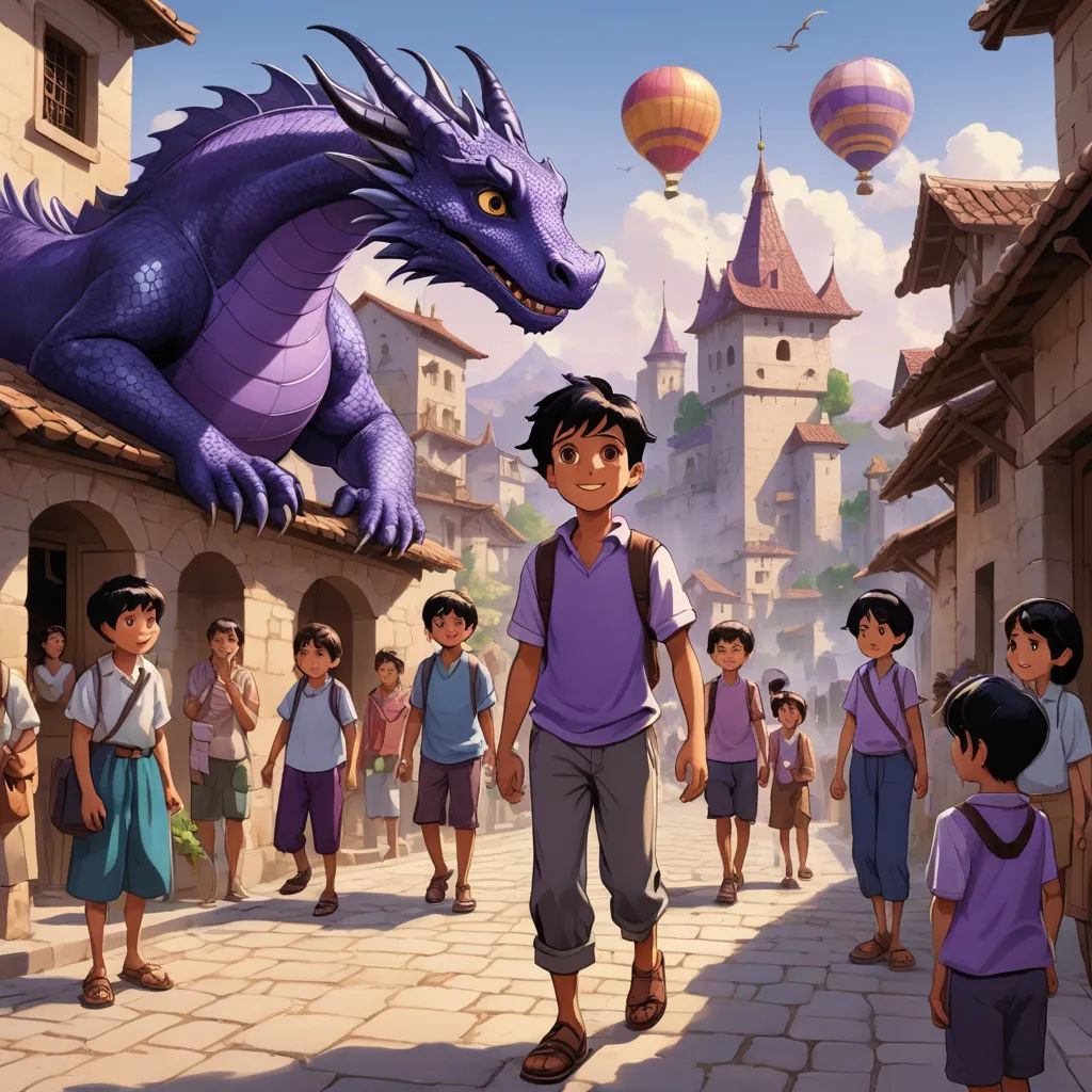 a boy and a dragon are in a village with many children and balloons in the sky above them,, fantasy art, a storybook illustration, Clint Cearley, storybook illustration